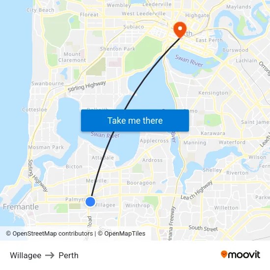 Willagee to Perth map