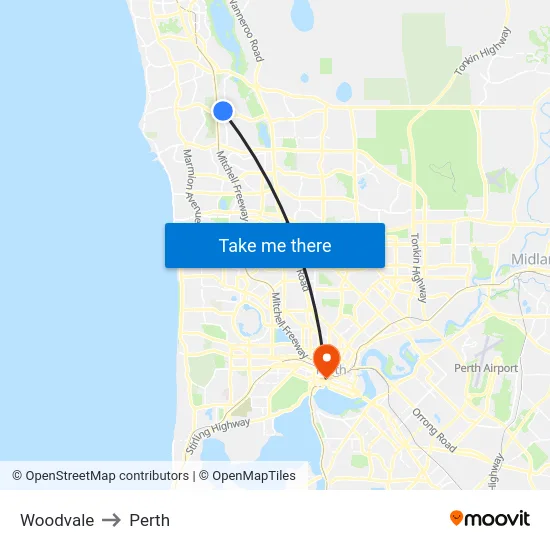 Woodvale to Perth map