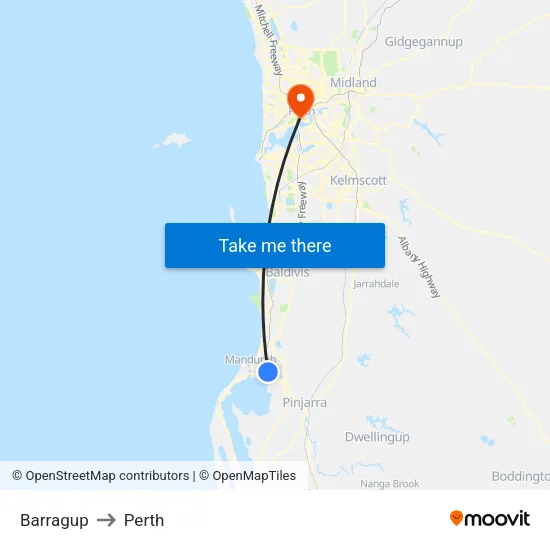 Barragup to Perth map
