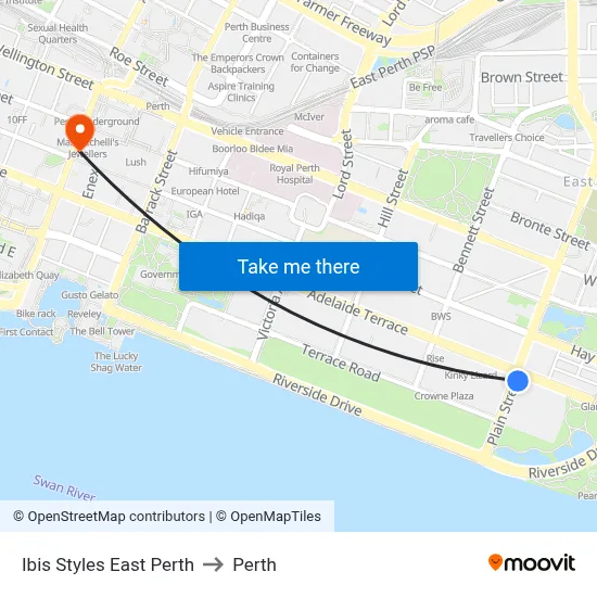 Ibis Styles East Perth to Perth map