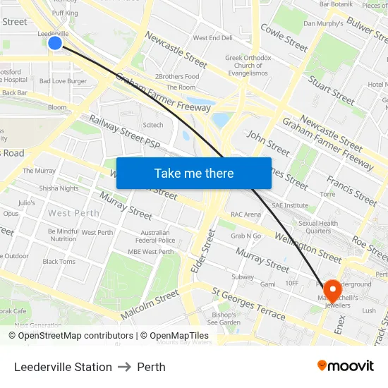 Leederville Station to Perth map