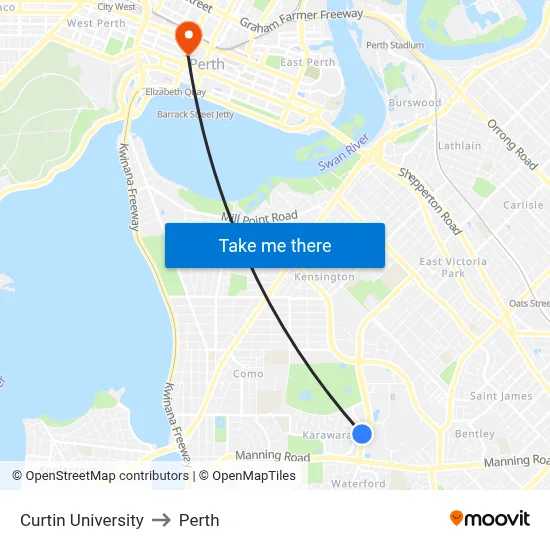 Curtin University to Perth map