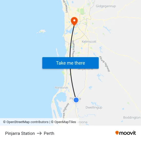Pinjarra Station to Perth map