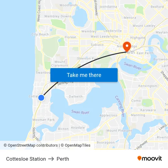 Cottesloe Station to Perth map