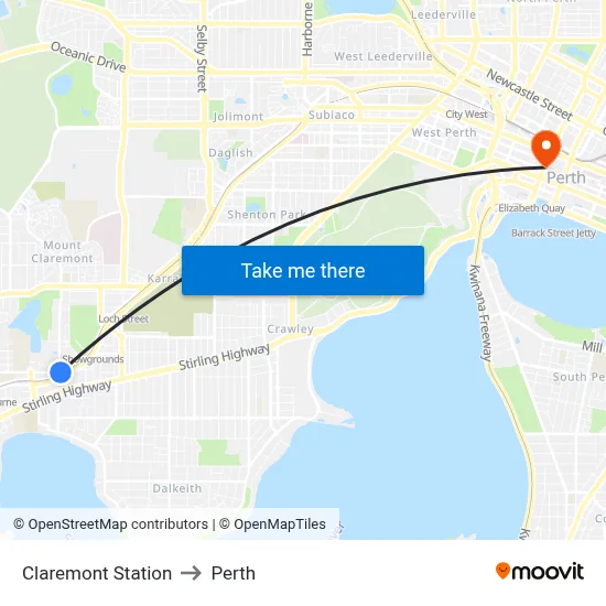 Claremont Station to Perth map