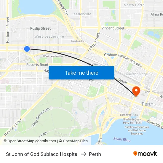 St John of God Subiaco Hospital to Perth map