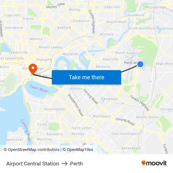 Airport Central Station to Perth map