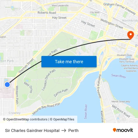 Sir Charles Gairdner Hospital to Perth map