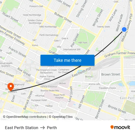 East Perth Station to Perth map