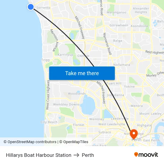 Hillarys Boat Harbour Station to Perth map