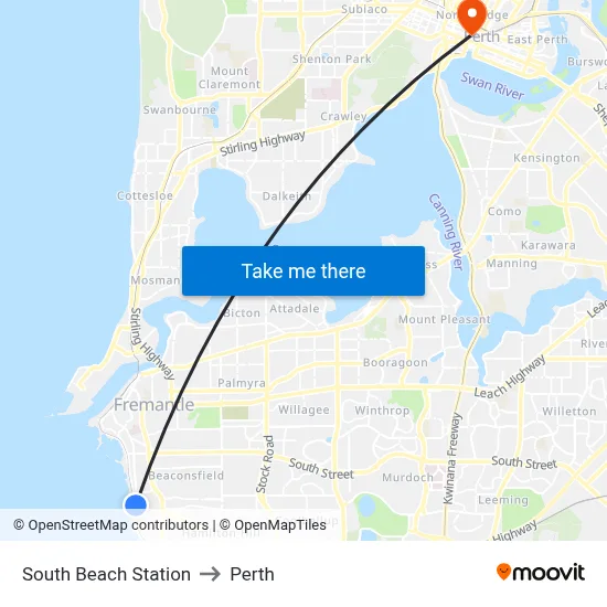 South Beach Station to Perth map