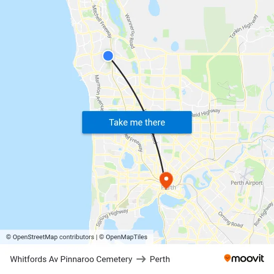 Whitfords Av Pinnaroo Cemetery to Perth map