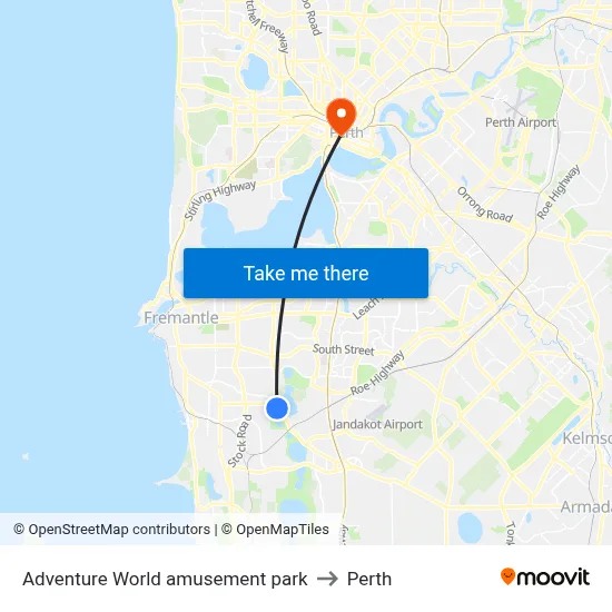 Adventure World amusement park to Perth map