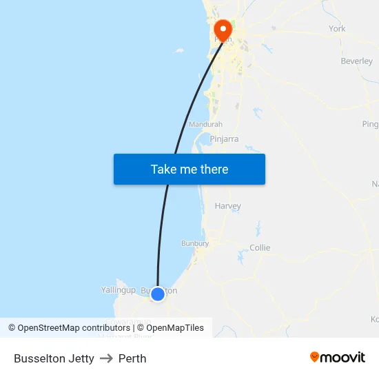Busselton Jetty to Perth map