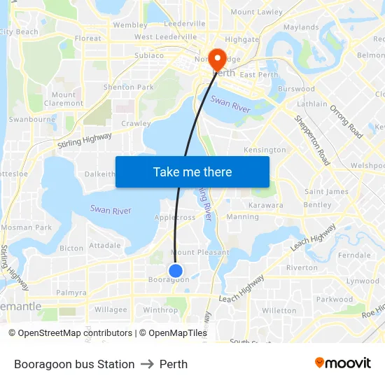 Booragoon bus Station to Perth map