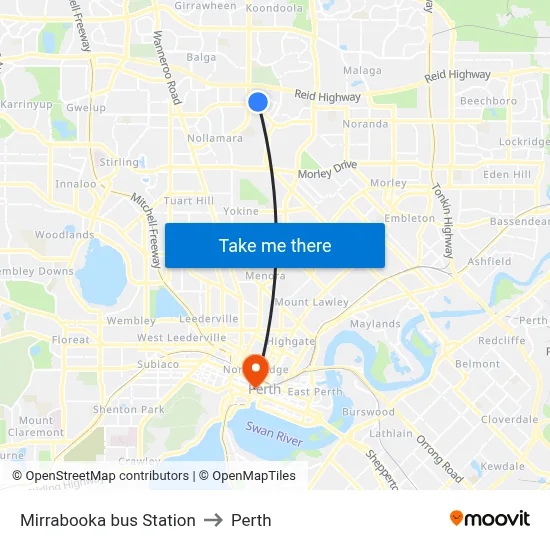 Mirrabooka bus Station to Perth map