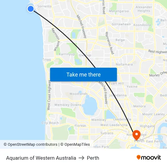 Aquarium of Western Australia to Perth map