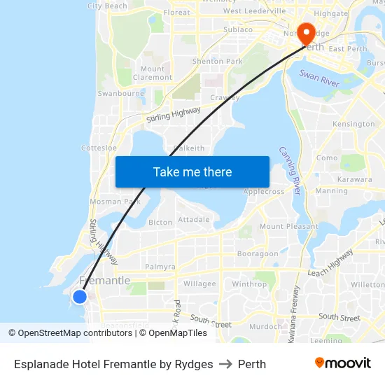 Esplanade Hotel Fremantle by Rydges to Perth map