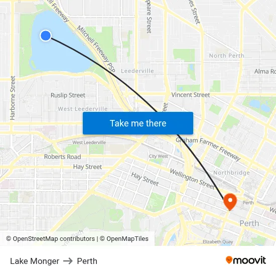 Lake Monger to Perth map
