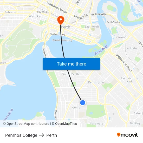 Penrhos College to Perth map