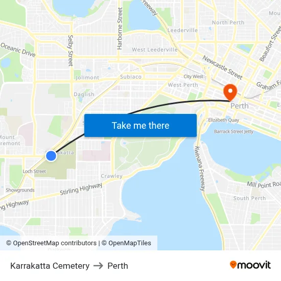 Karrakatta Cemetery to Perth map