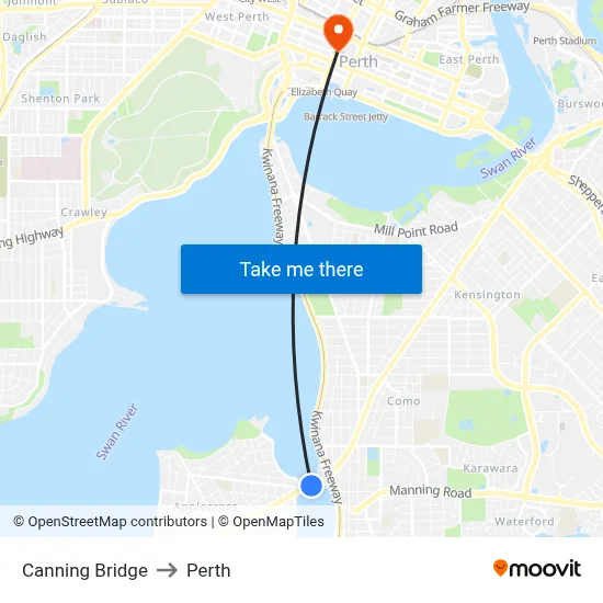 Canning Bridge to Perth map
