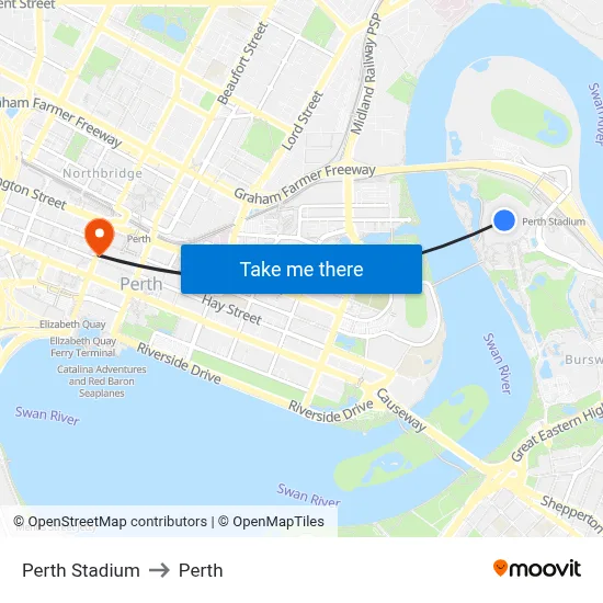 Perth Stadium to Perth map