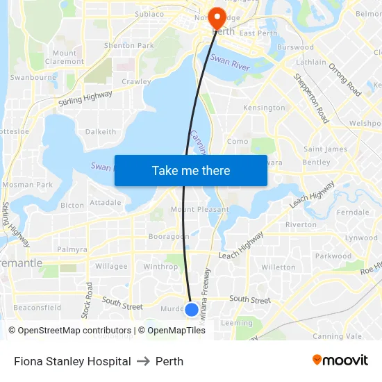 Fiona Stanley Hospital to Perth map