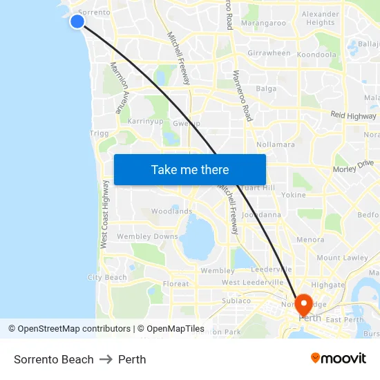 Sorrento Beach to Perth map