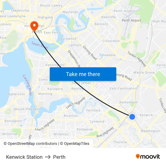 Kenwick Station to Perth map