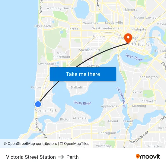 Victoria Street Station to Perth map