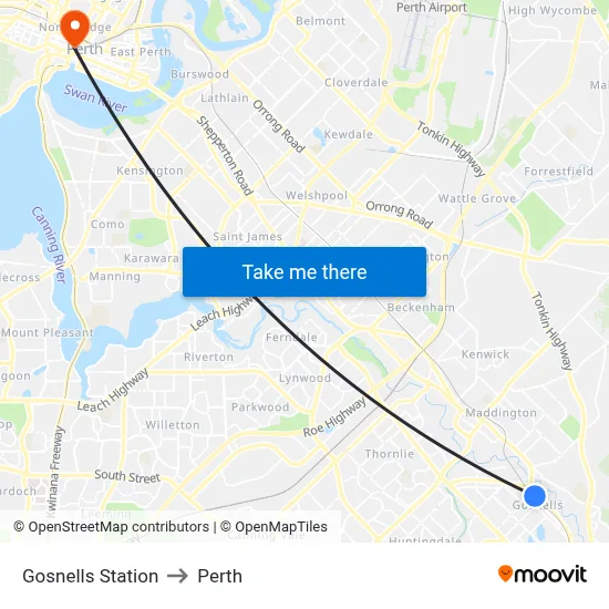 Gosnells Station to Perth map