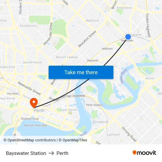 Bayswater Station to Perth map