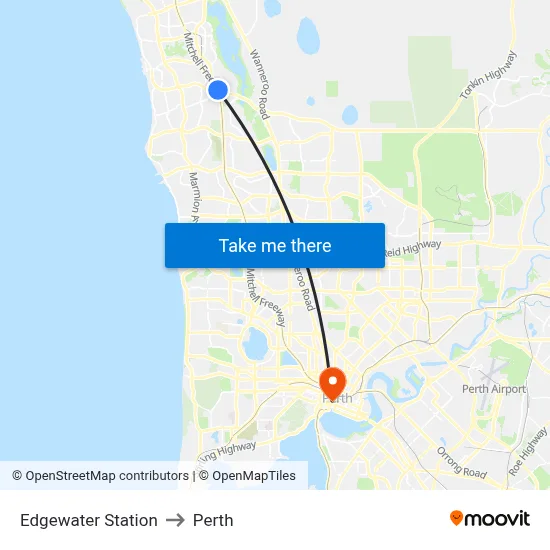Edgewater Station to Perth map