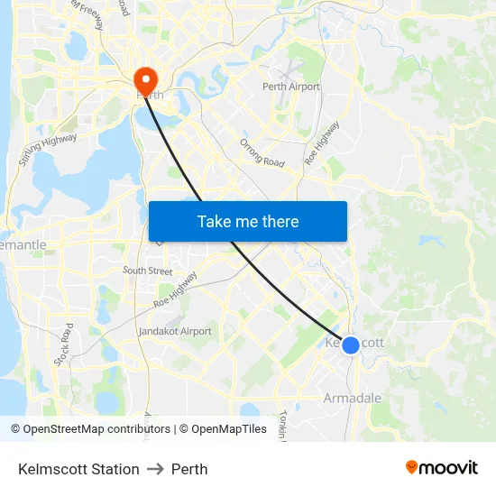 Kelmscott Station to Perth map