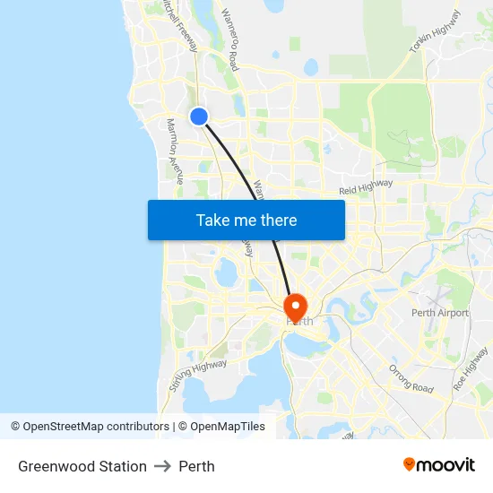 Greenwood Station to Perth map