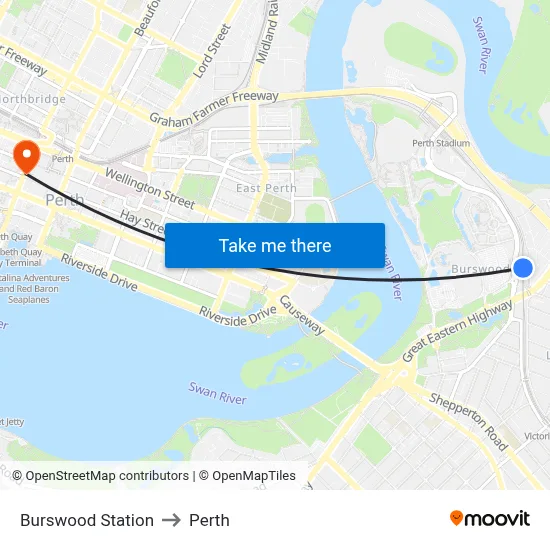 Burswood Station to Perth map