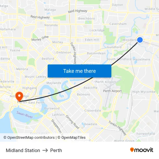 Midland Station to Perth map