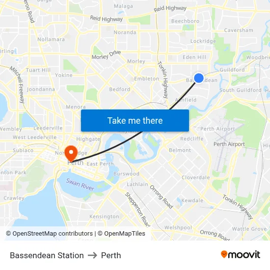 Bassendean Station to Perth map