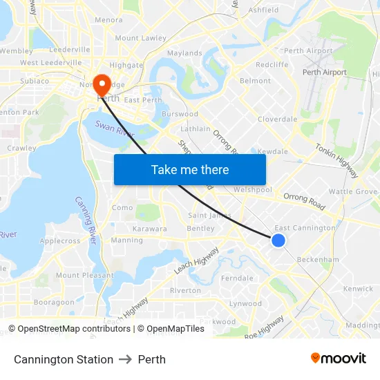 Cannington Station to Perth map