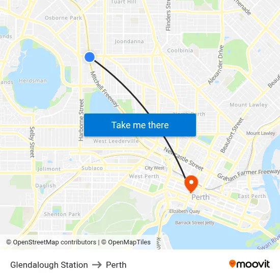 Glendalough Station to Perth map