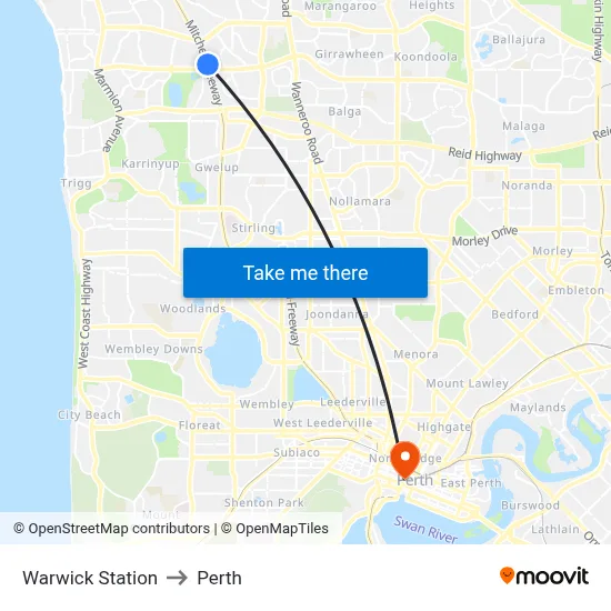 Warwick Station to Perth map