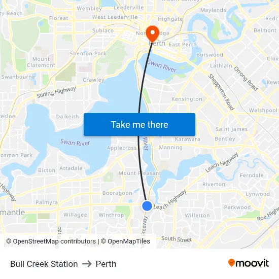 Bull Creek Station to Perth map