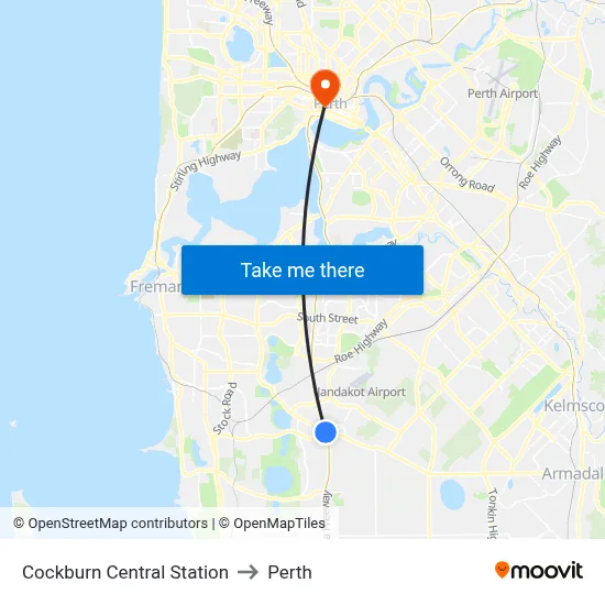 Cockburn Central Station to Perth map