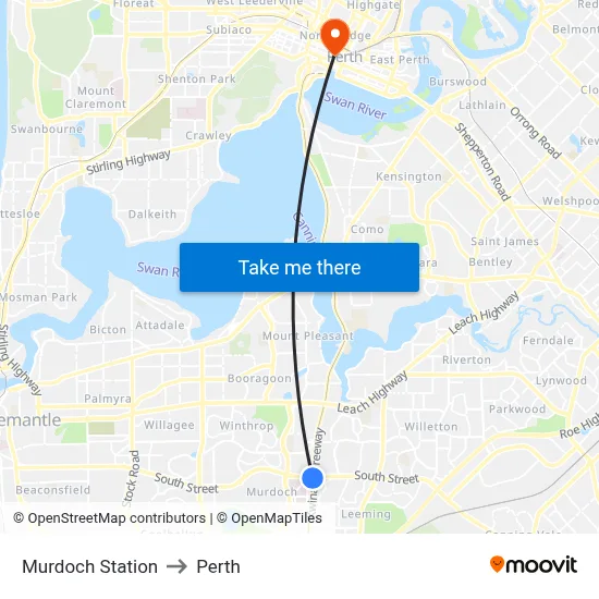 Murdoch Station to Perth map