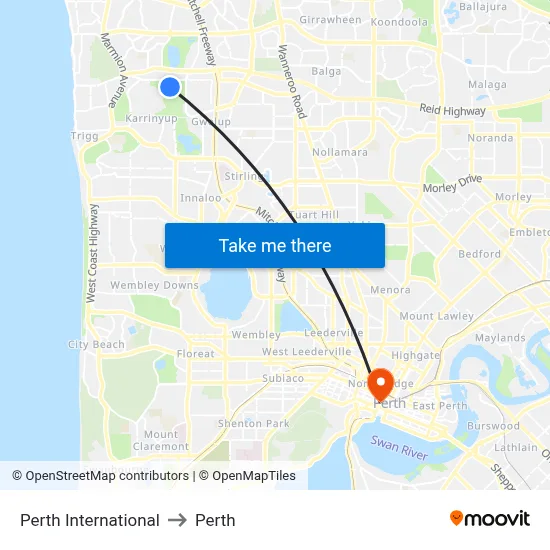 Perth International to Perth map