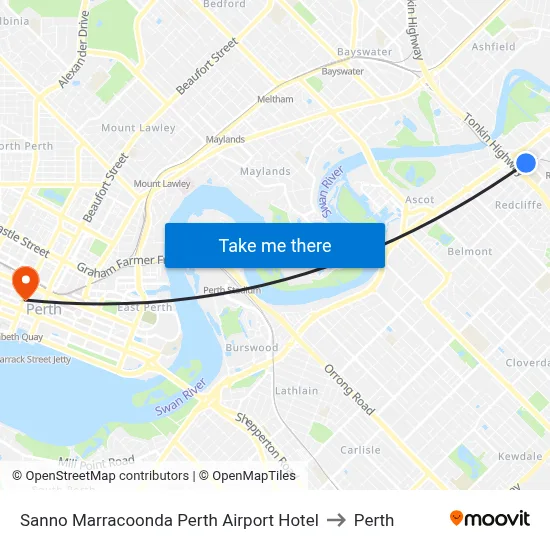 Sanno Marracoonda Perth Airport Hotel to Perth map