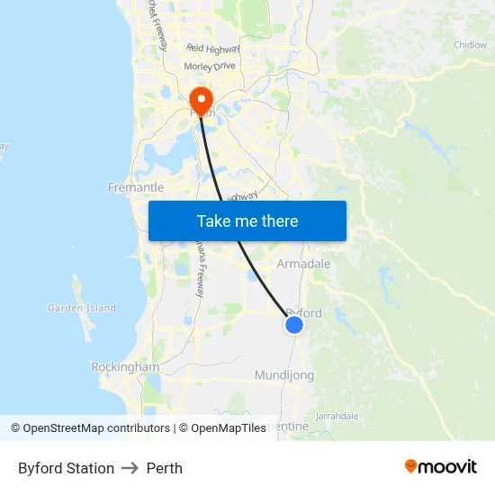 Byford Station to Perth map