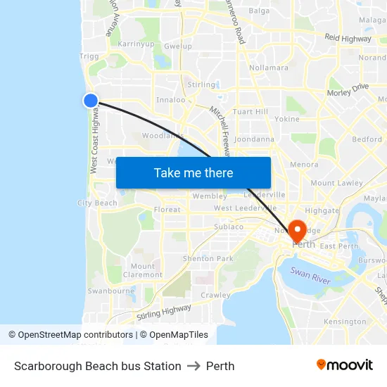 Scarborough Beach bus Station to Perth map
