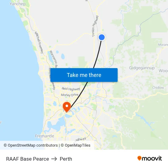 RAAF Base Pearce to Perth map